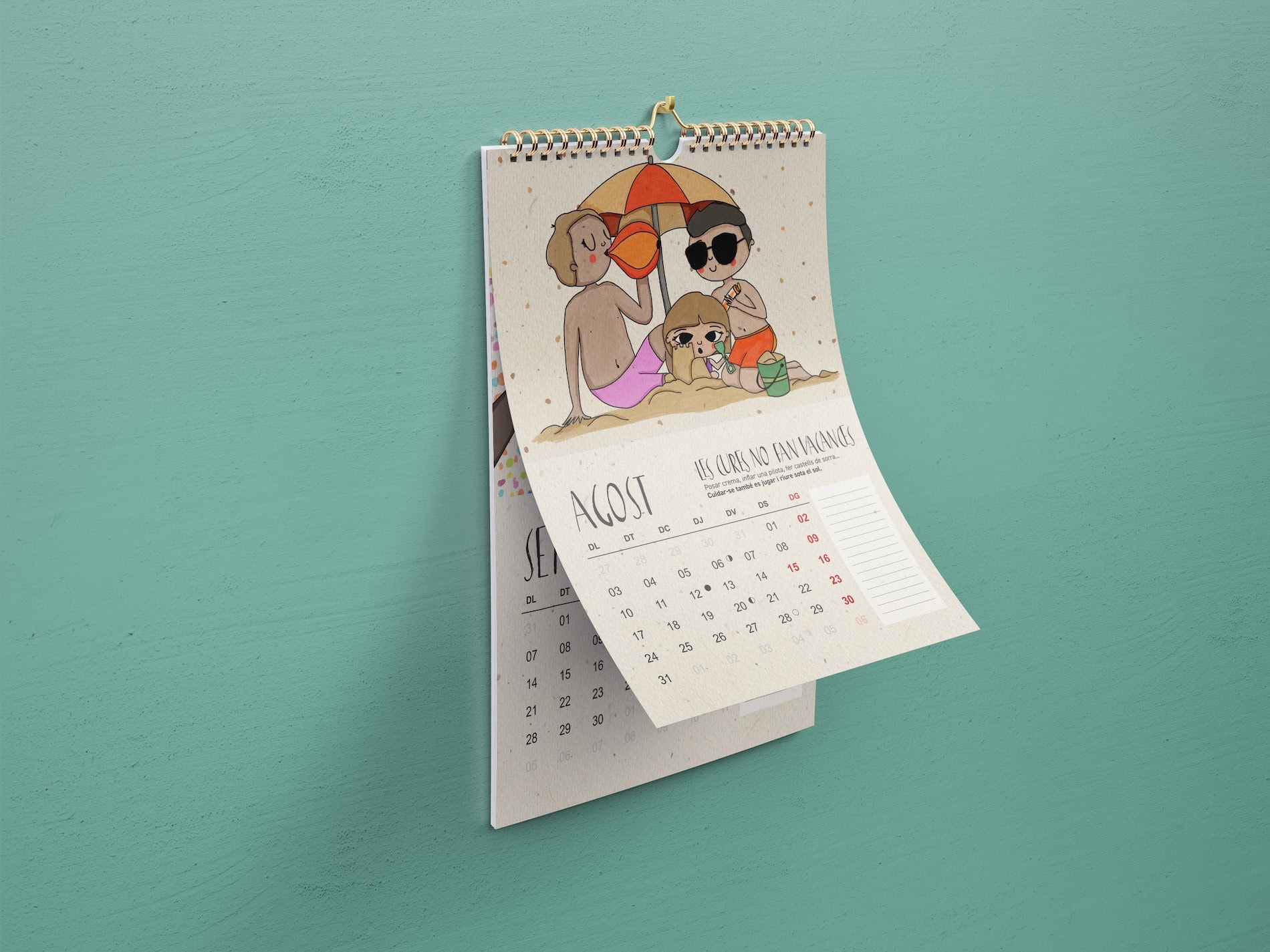 mockup calendari infantil 2026 agost les cures no fan vacances – disseny grafic Sarau Estudi