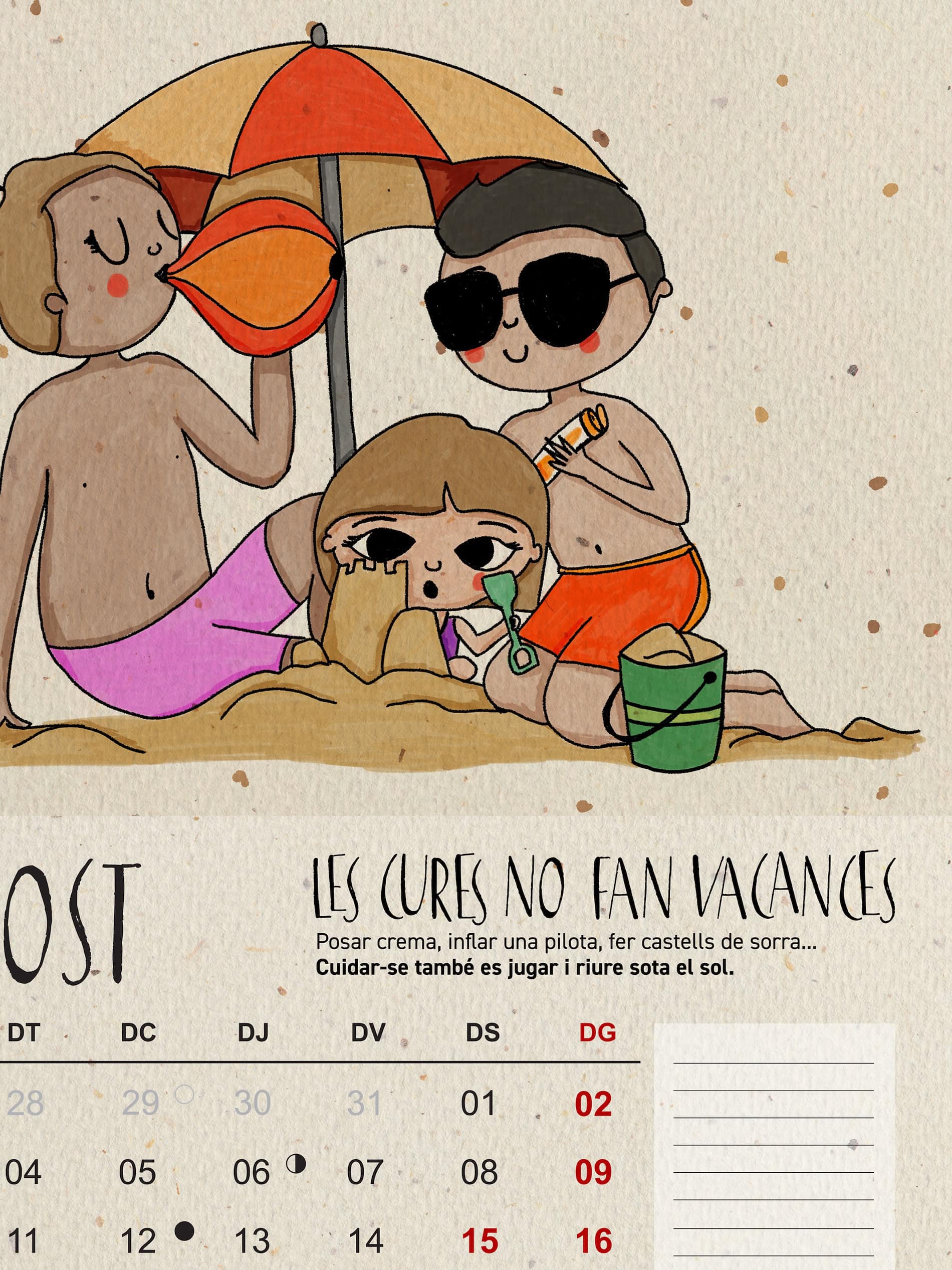 il·lustracio infantil cures en familia a la platja – calendari igualtat Segarra Sarau Estudi