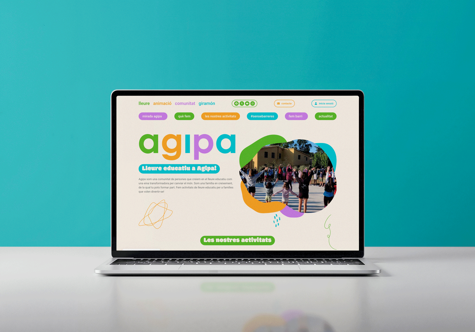 Vista de la web d'Agipa amb el menú d'activitats i categories de lleure educatiu, disseny de Sarau Estudi