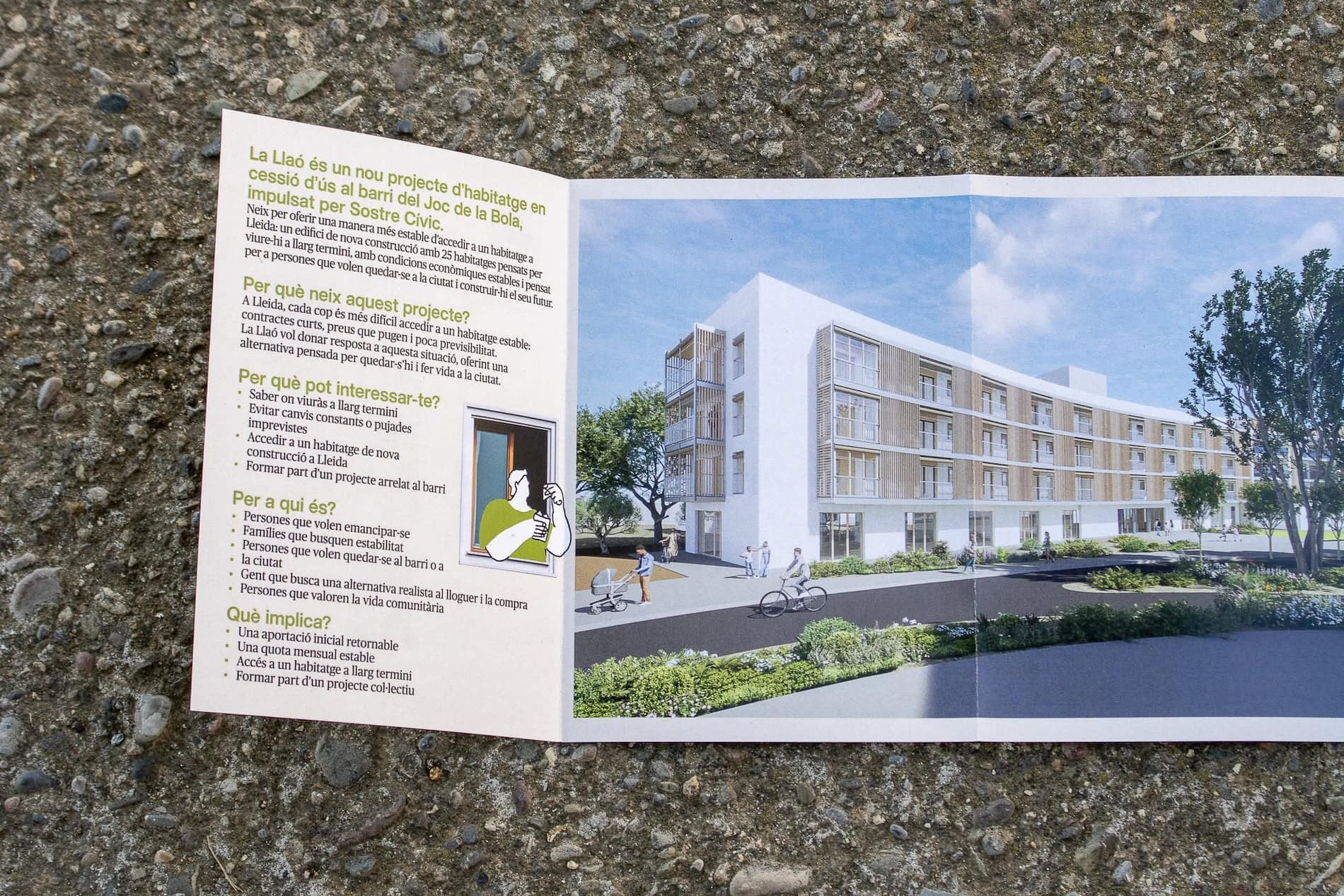 Maquetació i disseny editorial del díptic informatiu de La Llaó, projecte d'habitatge cooperatiu, per Sarau Estudi