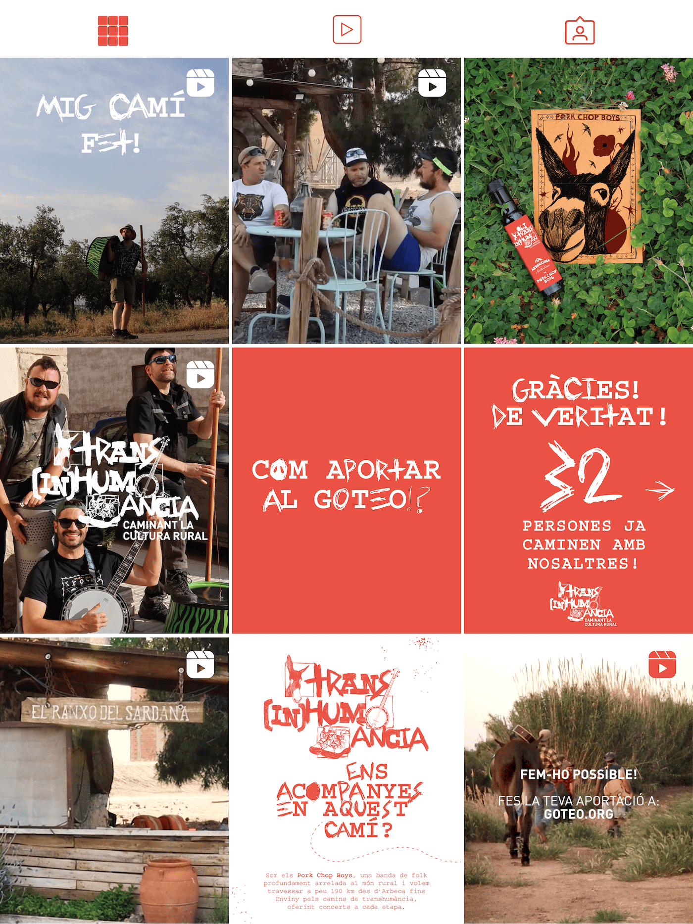 Perfil d’Instagram dels Pork Chop Boys amb reels i peces gràfiques creades per Sarau Estudi per a la campanya de micromecenatge